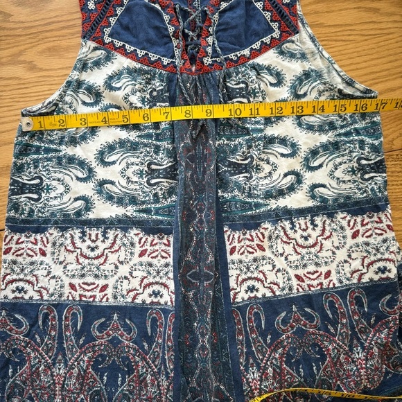 Lucky Brand Navy Blue Sleeveless Boho Paisley Lace Up Tassel Tank Top Size Med - Picture 7 of 8